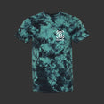 front of a teal and black custom tye dye tshirt against white background. the left chest area reads 