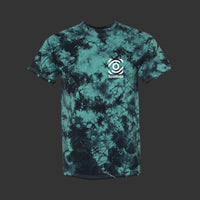 front of a teal and black custom tye dye tshirt against white background. the left chest area reads 