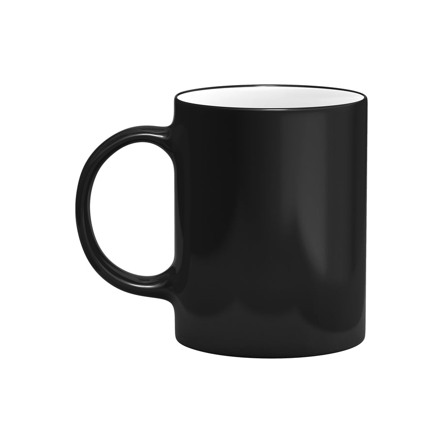 image of black coffee mug against white background.