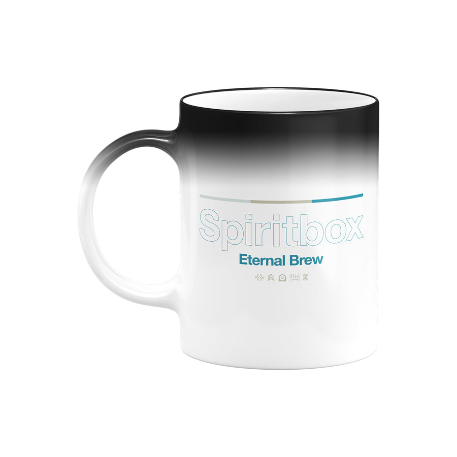 white mug against white background. the center says spiritbox in blue outlined text. below that in solid blue text reads "eternal brew". above this shows a black and grey gradient from the mug changing color.