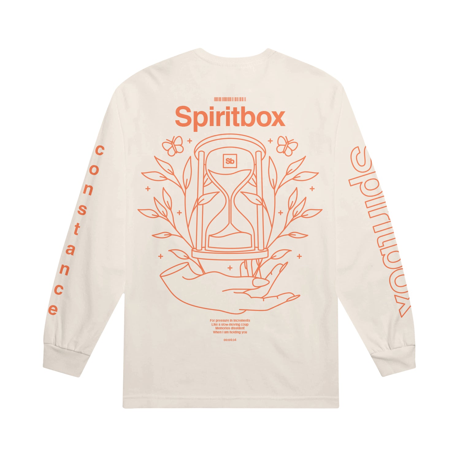 off white longsleeve against white background. across the shoulders in orange text reads "spiritbox". below this is an orange outlined graphic with no fill. it is an hourglass with a hand underneath it, and flowers and butterflies next to it. the left sleeve says "constance" in solid orange text, the right sleeve says "spiritbox" in an orange outline text. 