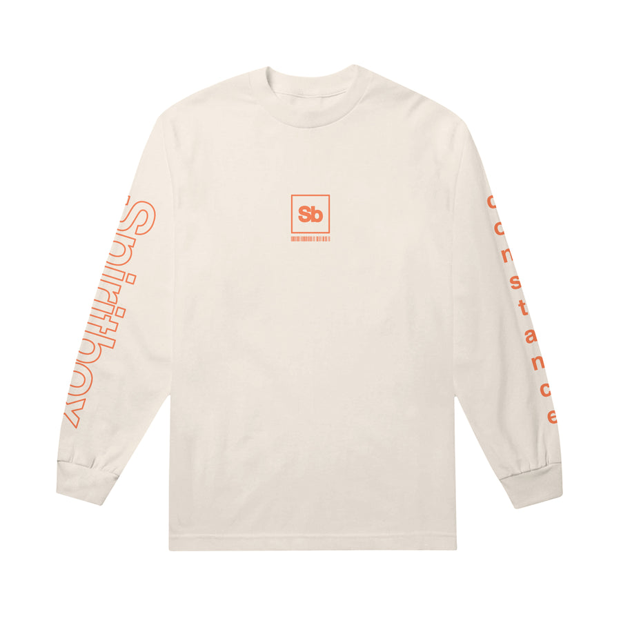 off white longsleeve against white background. the center says "sb" in orange text with a white square around it. the left sleeve says "constance" in solid orange text, and the right says "spiritbox" in an orange outline text. both words descend down the sleeves.