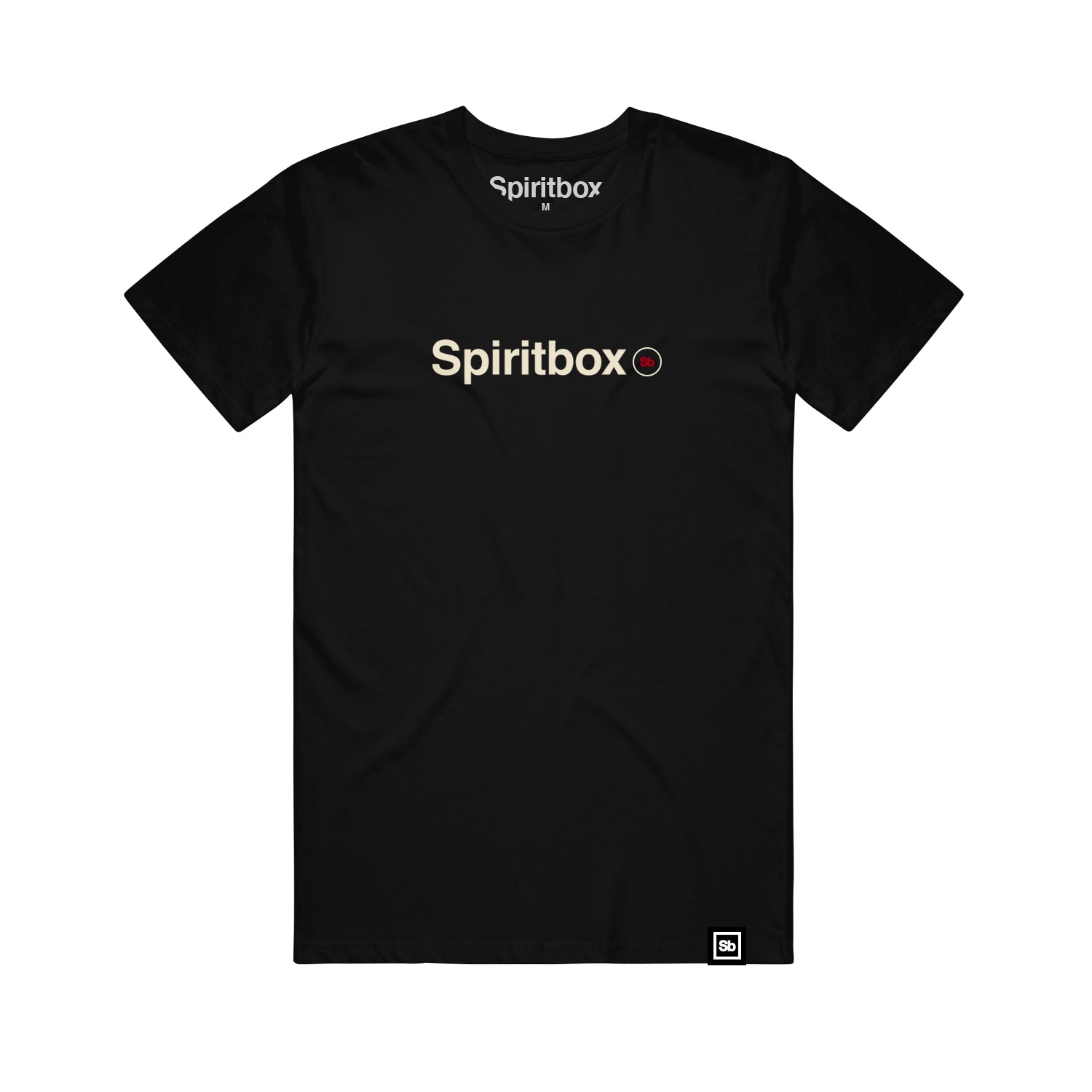 black tshirt against white background. across the center in yellow text reads spiritbox. next to that in small red text with a yellow circle around it is "sb". the bottom left corner has a small tag stitched onto it- it says "sb" in white and has a white square around it.